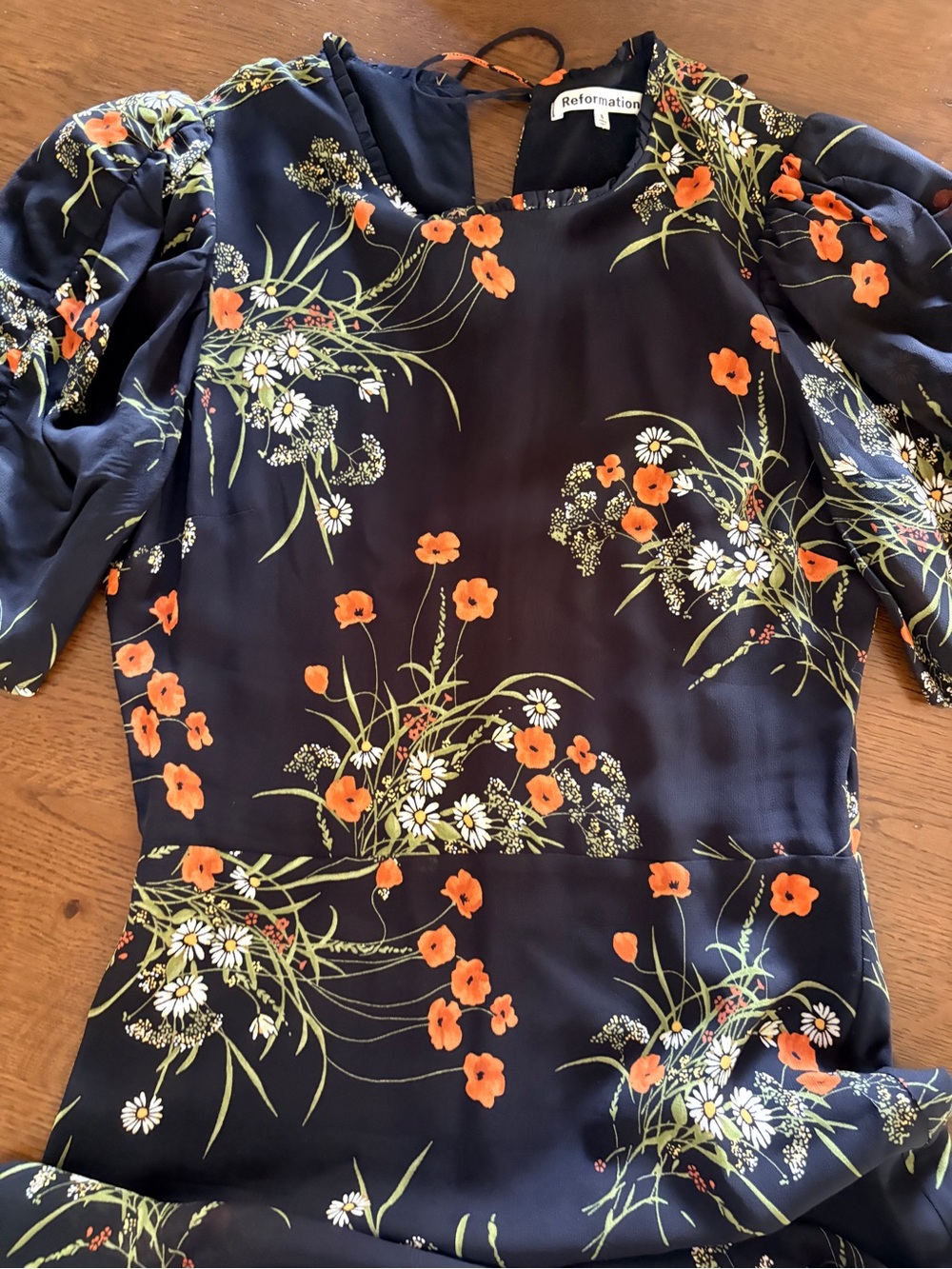 Reformation Black Floral Midi Dress with Orange and Green Print - Picture 5 of 7